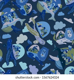 Seamless vector design with stylised animals holding up the planet. The design is suitable for children clothes, wallpaper, stationary, sheets as well as for wrapping paper.