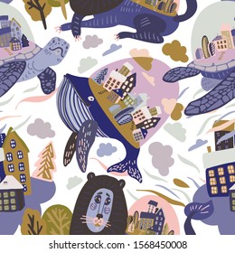 Seamless vector design with stylised animals holding up the planet. The design is suitable for children clothes, wallpaper, stationary, sheets as well as for wrapping paper.