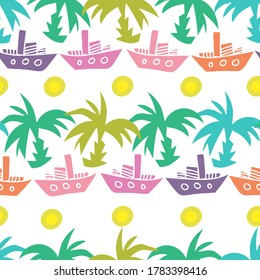 Seamless vector design tropical green pattern with decorative palm trees and ships