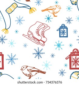 The seamless vector design of winter card with hat birds and snowflakes
