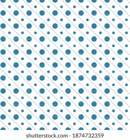 Seamless vector diagonal pattern with blue dots, peas and stripes on a white textured background. The illustration is festive. Beautiful wrapper, cover, textile, postcard, wallpaper design.