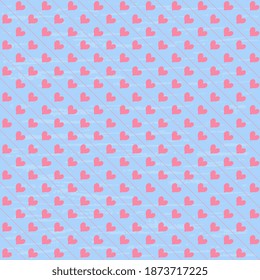 Seamless vector diagonal pattern with pink hearts and stripes on a light blue textured background. Valentine's Day illustration. Beautiful wrapper, cover, textile, postcard, wallpaper design.