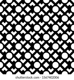 Seamless vector. Diamonds, curves, figures wallpaper. Checks, circles, chevrons motif. Rhombuses, brackets, rounds ornament. Squares, shapes pattern. Geometric background. Abstract backdrop.