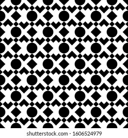 Seamless vector. Diamonds, curves, figures wallpaper. Checks, circles, chevrons motif. Rhombuses, brackets, rounds ornament. Geometric background. Abstract backdrop. Squares, shapes pattern.