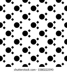 Seamless vector. Diamonds, figures wallpaper. Rhombuses, rounds ornament. Geometric background. Checks, circles motif. Squares, shapes pattern. Web design illustration, abstract backdrop.