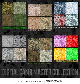 Seamless vector digital Pixel Camouflage collection - Urban, Desert, Jungle, Snow camo set 