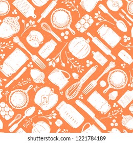 Seamless Vector Distressed Fall Baking Kitchen Utensil, Pumpkin, & Acorn Geometric Scatter in White & Orange. Great for seasonal, kitchen & home decor, fabric, wallpaper, invitations Thanksgiving.