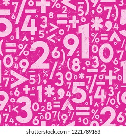 Seamless Vector Distressed Textured Math Operation Symbols and Numbers in Light and Hot Pink. Great for teachers, students, kids, girls science & engineering, backgrounds, wallpaper, apparel & decor.