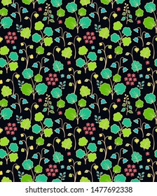 Seamless vector ditsy floral pattern with wild herbs, ornamental plants 