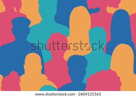 Seamless vector diversity and inclusion background set of different people front view silhouettes in pastel colors.