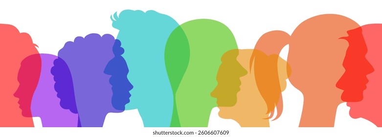 Seamless vector diversity set of different people side view head silhouettes in rainbow colors.