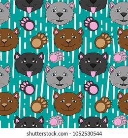 Seamless Vector Dog Heads And Paws Pattern