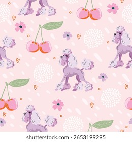 Seamless vector dog pattern. Cute, pastel background with purple poodles, flowers, and cherries. Playful and stylish surface design for kids, girls, and fun fashion-inspired projects.
