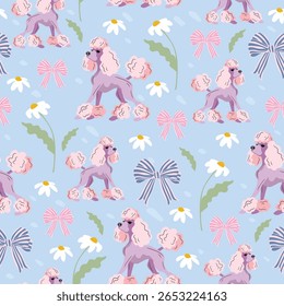 Seamless vector dog pattern. Cute, pastel background with poodles, daisies, and flowers. Playful and cheerful surface design for kids, girls, and pet lovers.