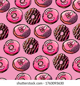 Seamless vector donuts on a pink background, jam, chocolate donuts, icing cartoon style, for children, pink, cream, baking, whipped cream, chocolate, delicious, cafe, dessert, sweets, candies, pattern