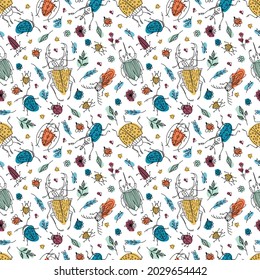 Seamless vector doodle beetles and plants on a white background