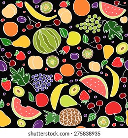 Seamless vector doodle cartoon pattern of summer fruits  on black background