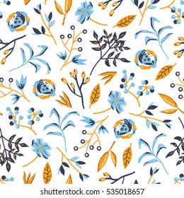  Seamless vector doodle hand drawn pattern with branches, leaves, flowers, berries for wallpapers, web page backgrounds,textile