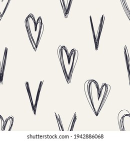 Corazones de doodle vectoriales impecables y patrones de elementos de marca de verificación. Fondo caótico de líneas dibujadas a mano. Para tela, textil, envoltura, cubierta, etc.