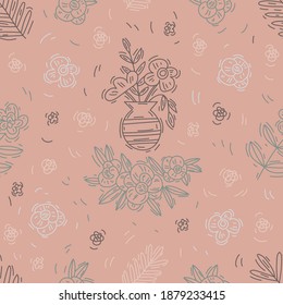 Seamless vector doodle illustration from outlines in pink pastel colors. Floral hand-drawn pattern with flowers and plants for wallpaper, textile, wrapping paper