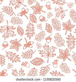 Seamless vector doodle leaves background. Orange leaves on white background. Acorn, oak tree, maple tree pattern. Monochrome doodle leaf print. Fall background, Thanksgiving, Seasonal print, November