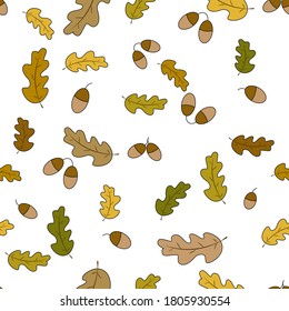 Seamless vector doodle leaves background. Acorns, oak tree leaves pattern. Colored doodle leaves print. Fall background, Thanksgiving, Seasonal print, November