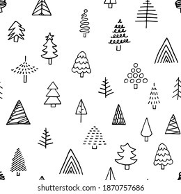 Nahtlose Vektordoodle Neujahr Muster. Handgezeichnet schwarze Umrisse süßer Weihnachtsbaum einzeln auf weißem Hintergrund. Tannenbäume, Illustration für Wallpaper, Poster, Umschlagpapier, Karten, Printmedien
