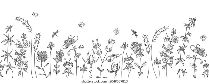 Seamless vector doodle ornament from floral branches with leaves, flowers. A pattern from floral sketches. Decorative elements for design