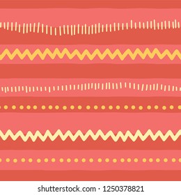 Seamless vector doodle pattern abstract horizontal lines, zigzag, dots, stripes. Red pink yellow tribal background. Texture for children, girl, kids decor, web banner, fabric, page fill, digital paper