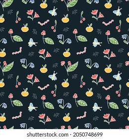 Seamless vector doodle pattern with berries, apple, flowers, worm and bee on a dark background. Cheerful children pattern