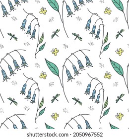Seamless vector doodle pattern with blue сampanula, dragonfly and yellow butterflies on white background
