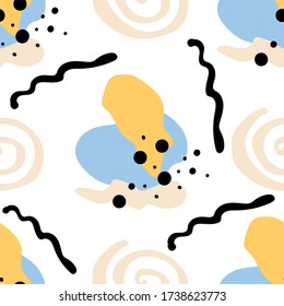 Seamless vector doodle pattern of different form colorful shapes. Abstract creative background. Texture for prints, wallpaper, stationery, textile, scrapbook, web design.