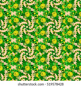 Seamless VECTOR doodle pattern, green doodles flower ornament on yellow background.
