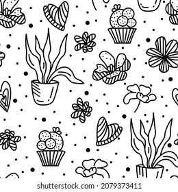 Seamless vector doodle pattern hand-drawn in black and white. Black and white flowers and hearts in doodle style. For wrapping paper, fabrics, cards, invitations, web design, stationery. Dotted