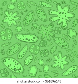 Seamless Vector doodle pattern of Microbes, bacteria and virus, microorganism and bacilli illustration