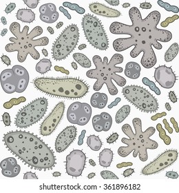 Seamless Vector doodle pattern of Microbes, bacteria and virus, microorganism and bacilli illustration