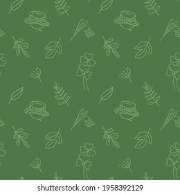 Seamless vector doodle pattern on the theme of nature walks in spring and summer, includes the headdress and plant elements. Monochrome bicolor, in green tones.