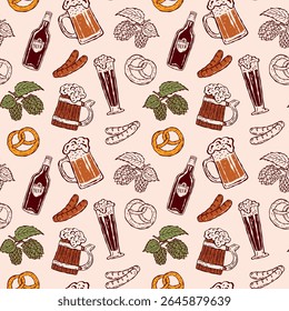Seamless vector doodle pattern on a beer theme. Includes beer bottles, mugs, sausages, snacks, and malt. Perfect for bar menus, packaging, wrapping paper, and festival designs