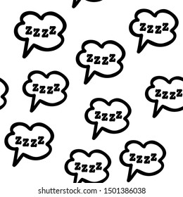 Seamless vector doodle pattern of zzzz black sleeping text inside a speech bubble, isolated illustration for typography or textile prints and decorations,