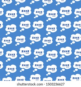 Seamless vector doodle pattern of zzzz sleeping text inside a speech bubble, isolated flat cute illustration for typography or textile prints and decorations,