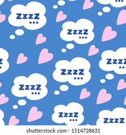 Seamless vector doodle pattern of zzzz sleeping text inside a speech bubble and pink hearts, isolated flat cute illustration for typography or textile prints and decorations,