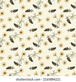 Seamless vector doodle patterns on a light yellow background. Stylized flowers of a sunflower with leaves, for decoration of wrapping paper, textiles, scrapbook.