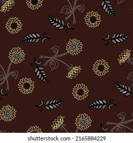 Seamless vector doodle patterns on a chocolate background. Stylized flowers of a sunflower with leaves, for decoration of wrapping paper, pillow cases, scarf, hijab, textiles