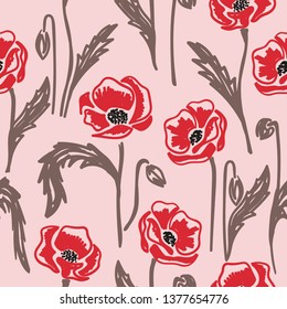 Seamless vector doodle poppies pattern.