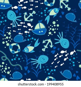 Seamless vector doodle sea pattern. Hand drawn background with marine elements: fishes, yachts, anchors, weed and others. 