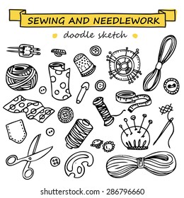 Seamless vector doodle sewing and needlework set