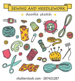 Seamless vector doodle sewing and needlework set