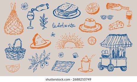 Seamless vector doodle sketch pattern illustration set with summer beach food icons and accessories.Hand drawn la dolce vita party.