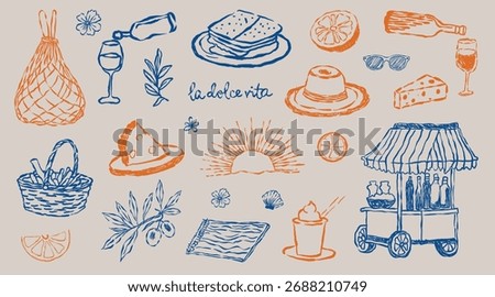 Seamless vector doodle sketch pattern illustration set with summer beach food icons and accessories.Hand drawn la dolce vita party.