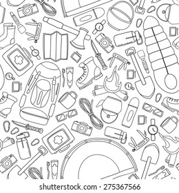 Seamless vector doodle transparent pattern of camping and hiking equipment. Great tourism background.